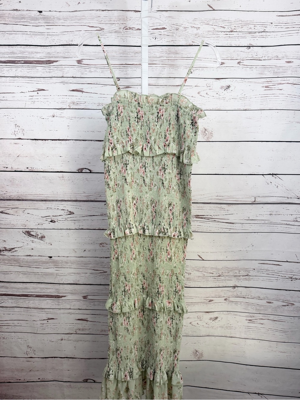 MABLE Light Green Pink Floral Print Smocked Midi Stretchy Tube Dress Size Small - Picture 5 of 11